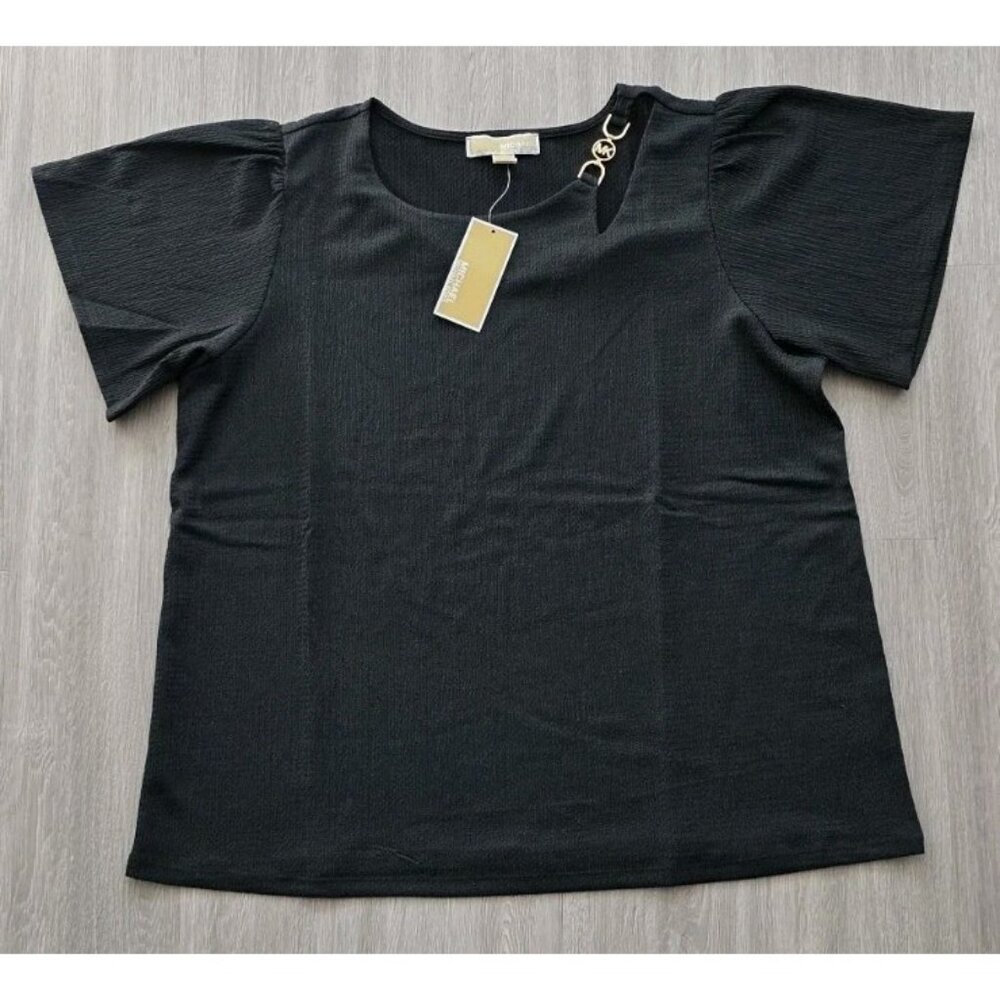 Michael Kors Black Textured Blouse Gold MK Logo Plus Size 1X NWT